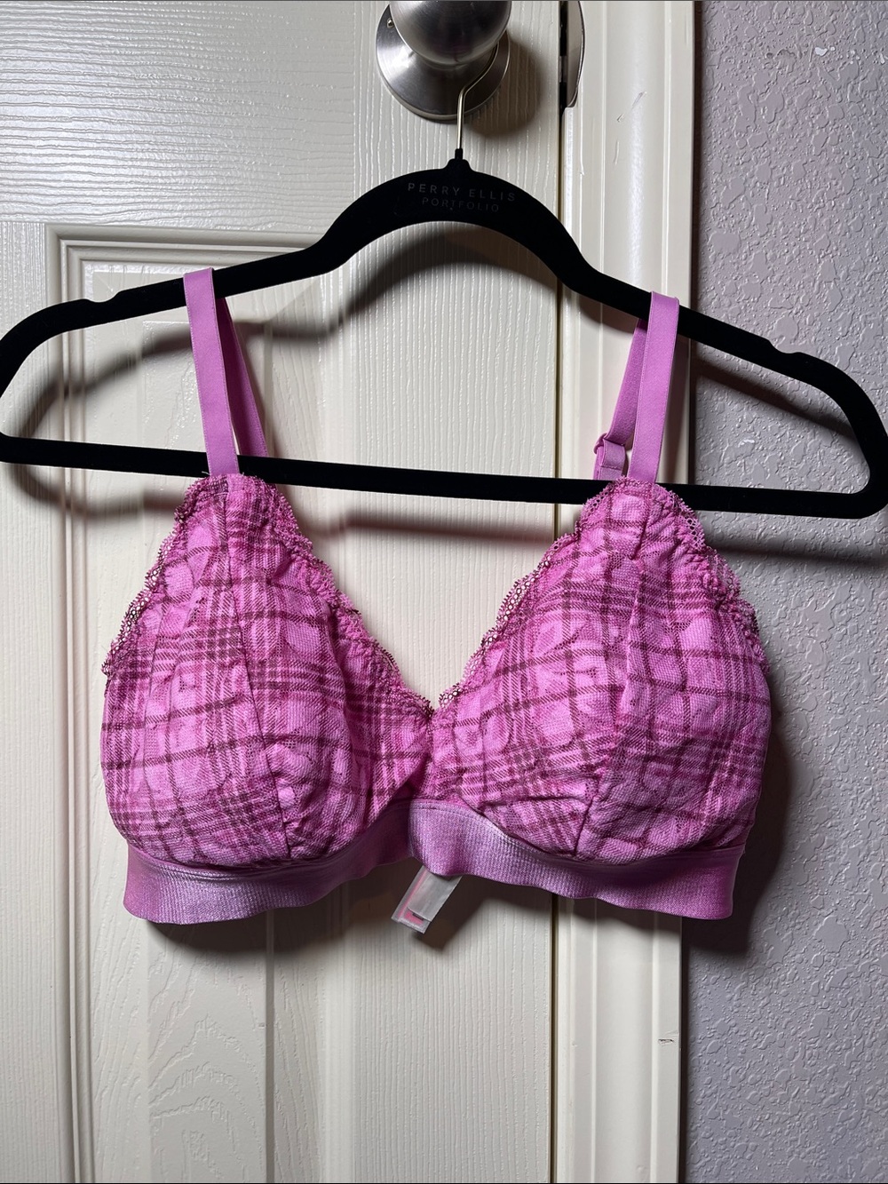 PINK Victoria's Secret Pink Plaid Wireless Bralette with Lace Trim